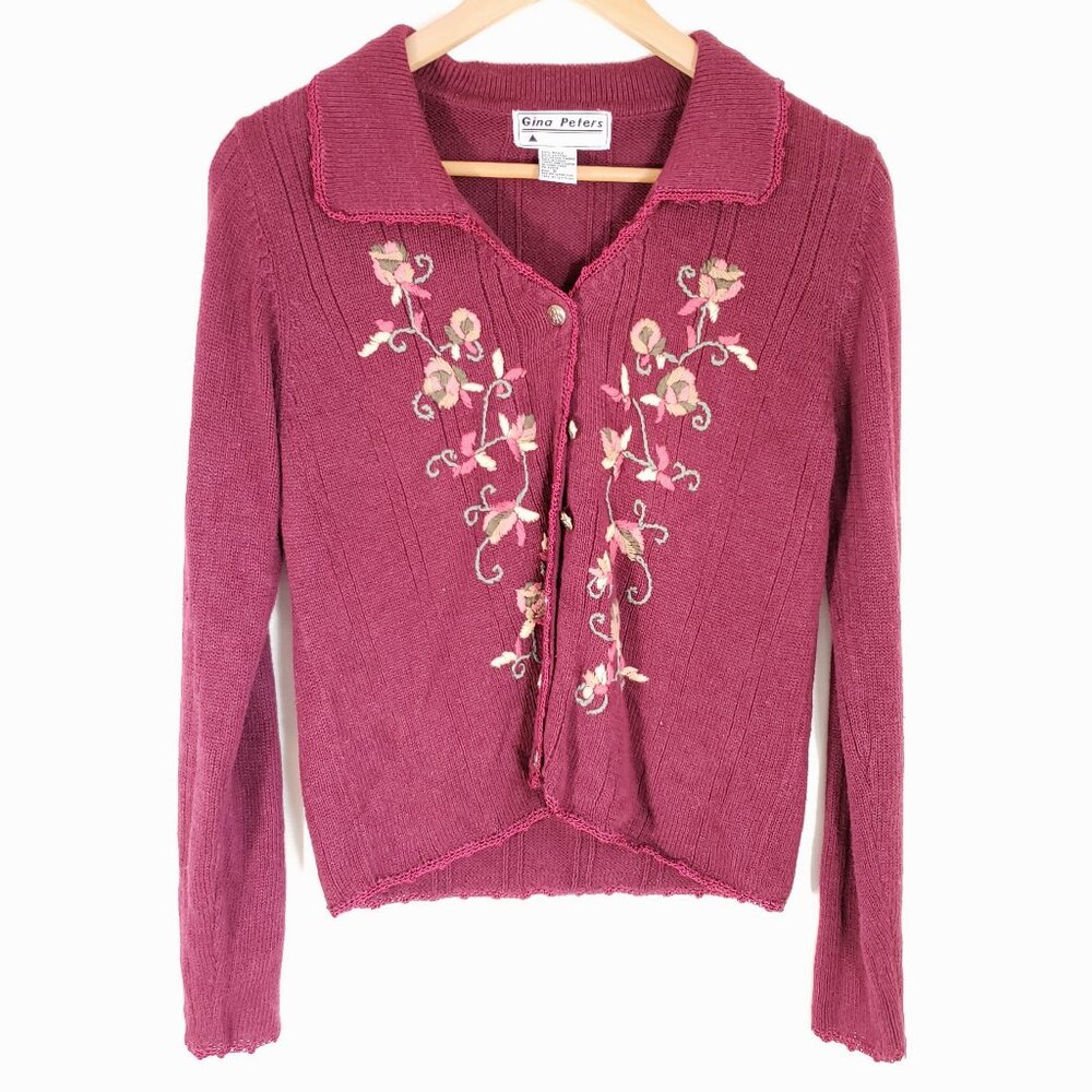 Gina Peters V-Neck Collar Button Cardigan Size S floral embroidery collar accent